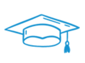 A simple blue outline drawing of a graduation cap with a tassel hanging on the right side.