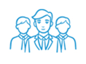 Blue line drawing of three people in business attire, with one person in front and center and two others slightly behind on each side, representing a team or group of professionals.