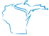 Simple blue outline drawing of the state of Wisconsin, including its borders and the outline of lakes and waterways.