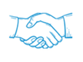 A simple blue line drawing of two hands shaking in a handshake, symbolizing agreement or partnership, on a white background.