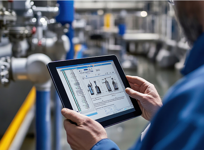 A person in a blue jacket holds a tablet displaying technical diagrams and data, likely related to industrial equipment, while standing in a factory or industrial setting with machinery in the background.