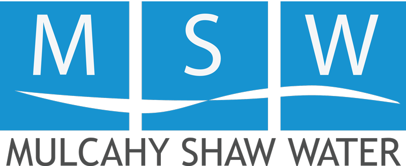 Logo for Mulcahy Shaw Water with three blue squares, each containing a large white letter (M, S, W) above the company name in black. A black wave design runs horizontally through the squares.