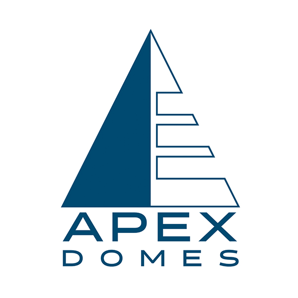 Logo for APEX DOMES featuring a blue triangular shape with three horizontal lines on the right side, resembling the letter E. The text APEX DOMES appears below the graphic.
