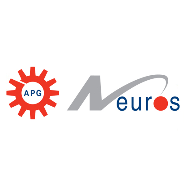 Logo with a red gear containing the letters APG on the left, and the word Neuros in stylized text, with the N in gray and the dot of the i in Neuros replaced by a red circle.