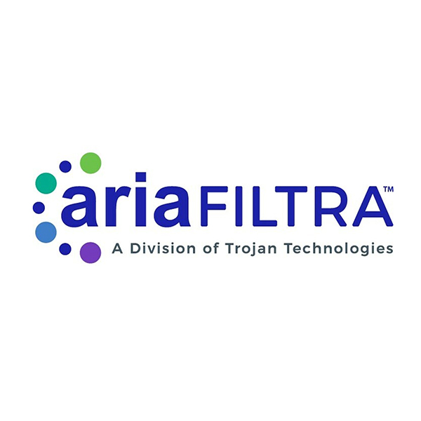 Logo for ariaFILTRA, a division of Trojan Technologies. The word aria is styled in blue lowercase letters with colored dots forming a partial circle to the left. FILTRA is in uppercase blue letters.