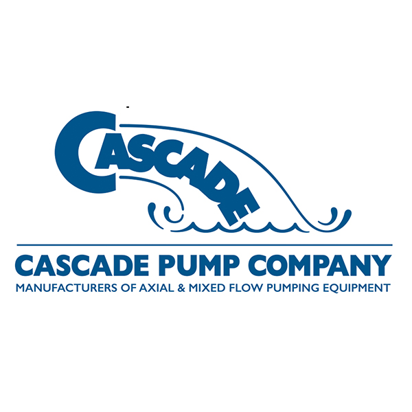 Logo for Cascade Pump Company. The word CASCADE is styled as water cascading over a curved line with waves beneath. Below, it reads: Cascade Pump Company. Manufacturers of Axial & Mixed Flow Pumping Equipment.