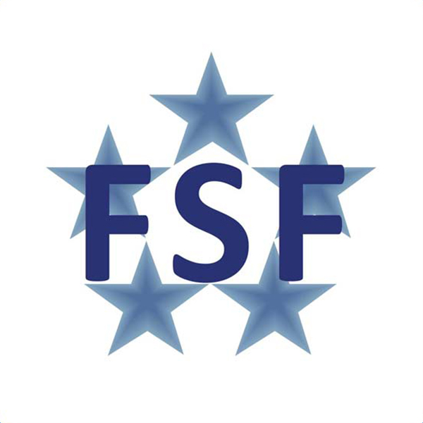 The image shows the letters FSF in bold blue font, centered over five blue stars arranged in a circular pattern on a white background.