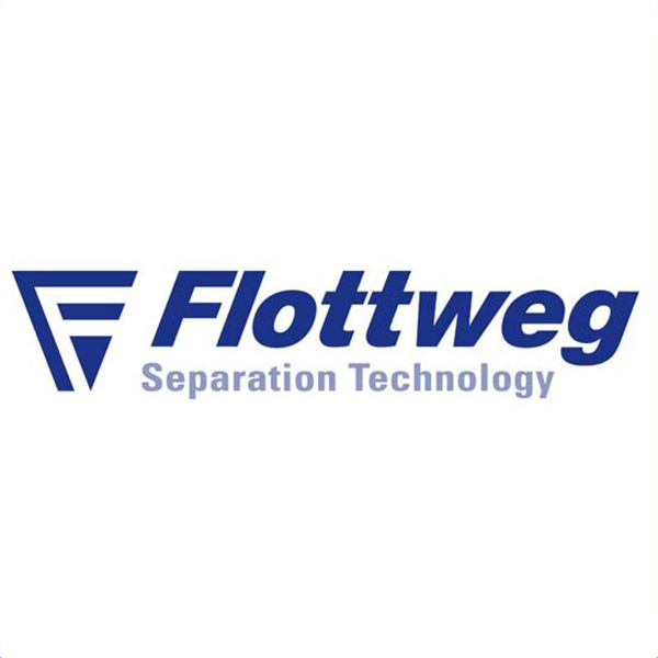 Flottweg logo featuring a stylized F symbol on the left and the words Flottweg Separation Technology in bold blue text on a white background.