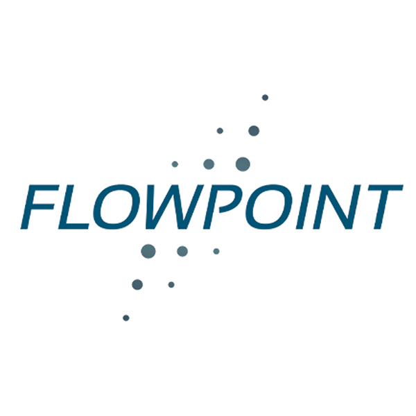 The image shows the word FLOWPOINT in blue capital letters, with a diagonal line of blue dots of varying sizes passing through the center of the text on a white background.