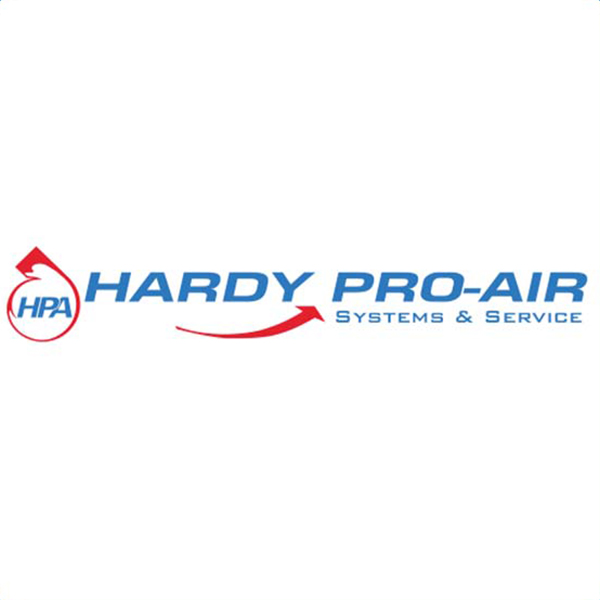 Logo for Hardy Pro-Air Systems & Service, featuring the initials HPA inside a red outline of a water droplet, with blue text and a red curved arrow running beneath the company name.
