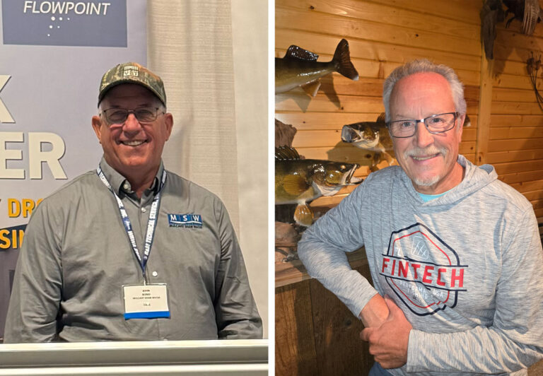 Split image: On the left, an older man in glasses, a cap, and a gray shirt with a name badge smiles at an event. On the right, another older man with glasses and a gray Fintech hoodie poses indoors by mounted fish displays.