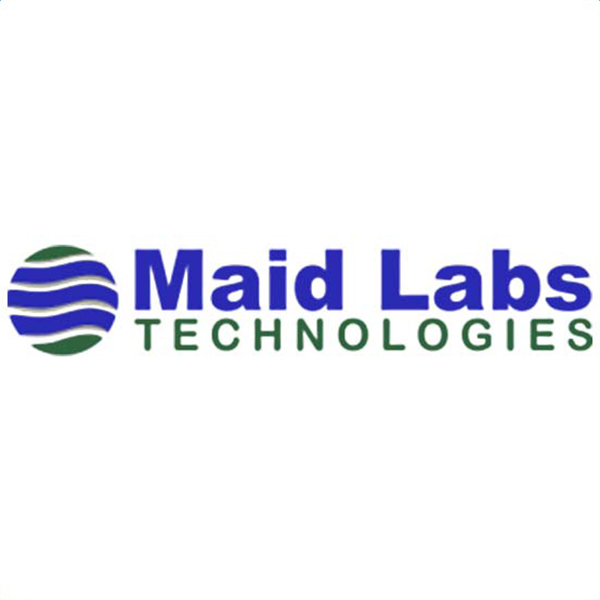 Logo for Maid Labs Technologies featuring a blue and green globe-like icon with wavy lines on the left, and the company name in blue and green text to the right on a white background.