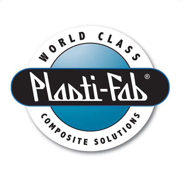 Logo of Plasti-Fab featuring a blue circle with a black oval over it displaying “Plasti-Fab” in white stylized text. Surrounding text reads “World Class Composite Solutions.”.
