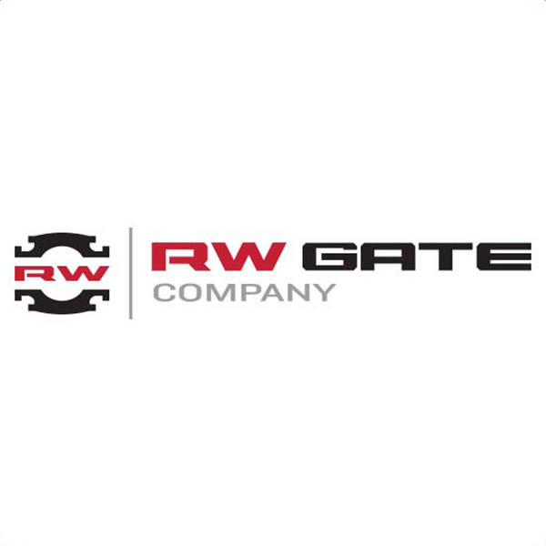 Logo for RW Gate Company featuring a stylized black and red graphic on the left, with RW GATE in bold red and black text and COMPANY in smaller gray letters below.