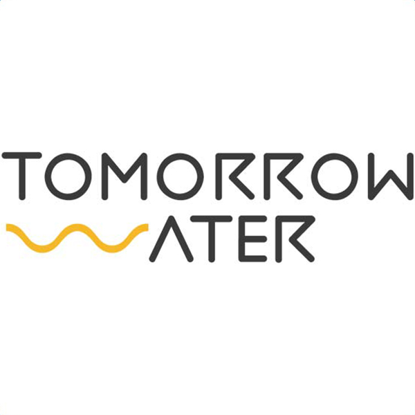 Logo with the words TOMORROW WATER. The “W” in WATER is represented by a yellow wavy line, resembling water, while the other letters are in a modern black font on a white background.