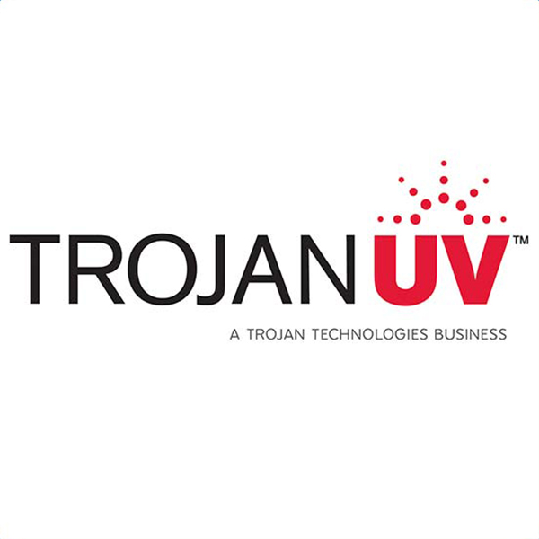 TrojanUV logo with TROJAN in black and UV in bold red letters, featuring red dots above the V. Below, small text reads A Trojan Technologies Business.